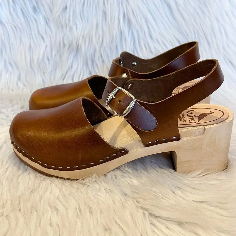 Kurier Charlie Mary Jane Clogs Leather High Heel Block Heel Wooden, Pecan Brown - Picture 7 of 14